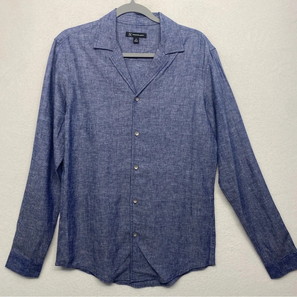 INC Button Down Shirt‎ Blouse Linen Rayon Blend Chambray XS
